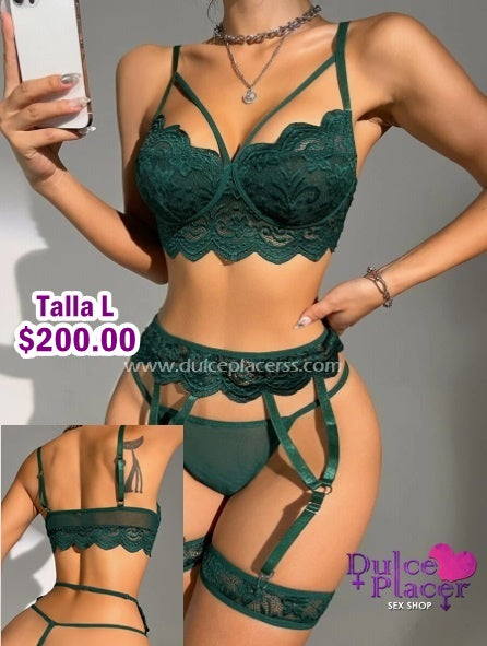Coordinado Verde Liguero y ligas encaje Talla L