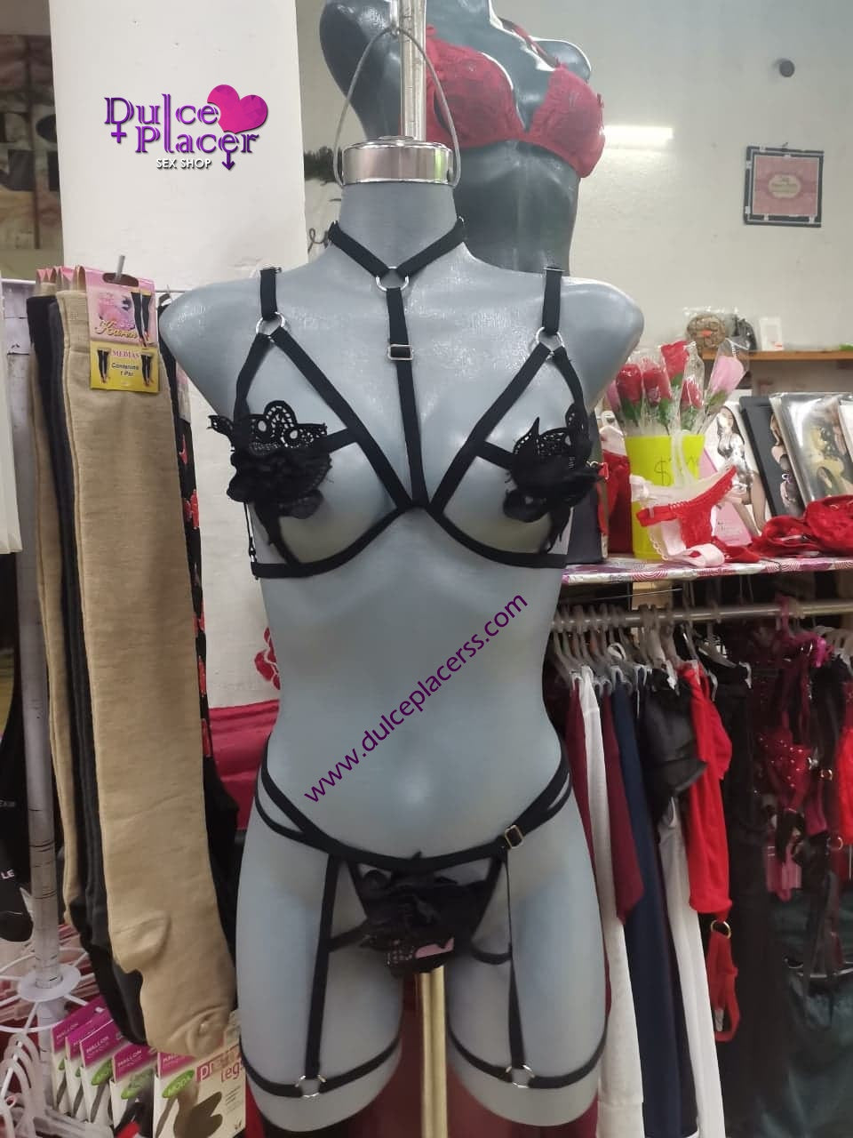 Arnés 2 piezas con flor Ajustable Negro Unitalla – Dulce Placer Sex Shop