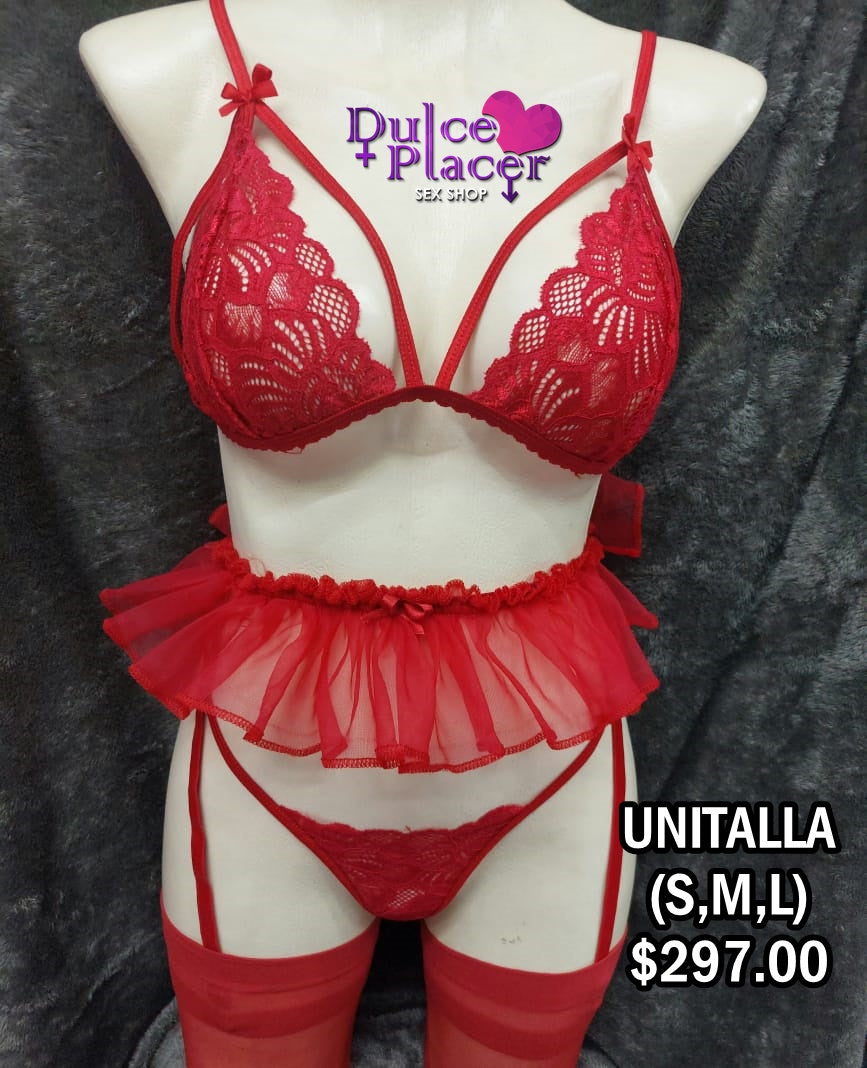 Coordinado con liguero Tutú y medías lisas Rojo