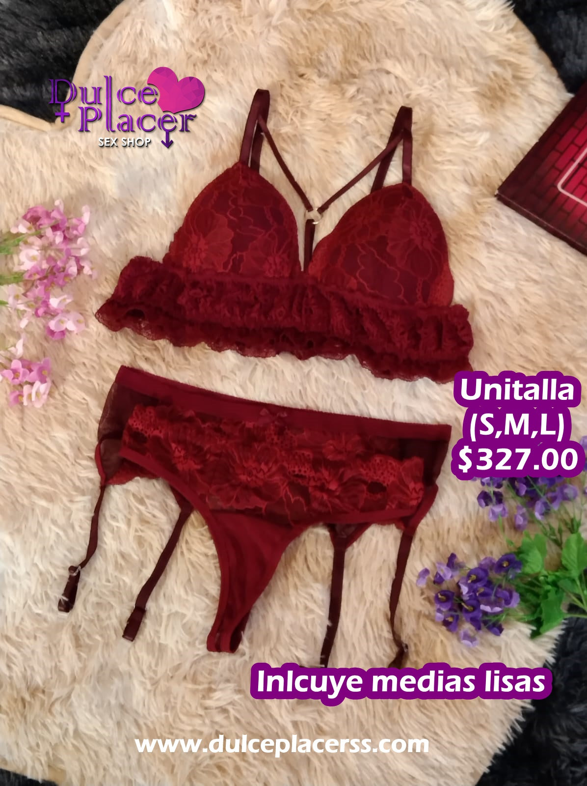 Coordinado con liguero Triangular y medías lisas Vino