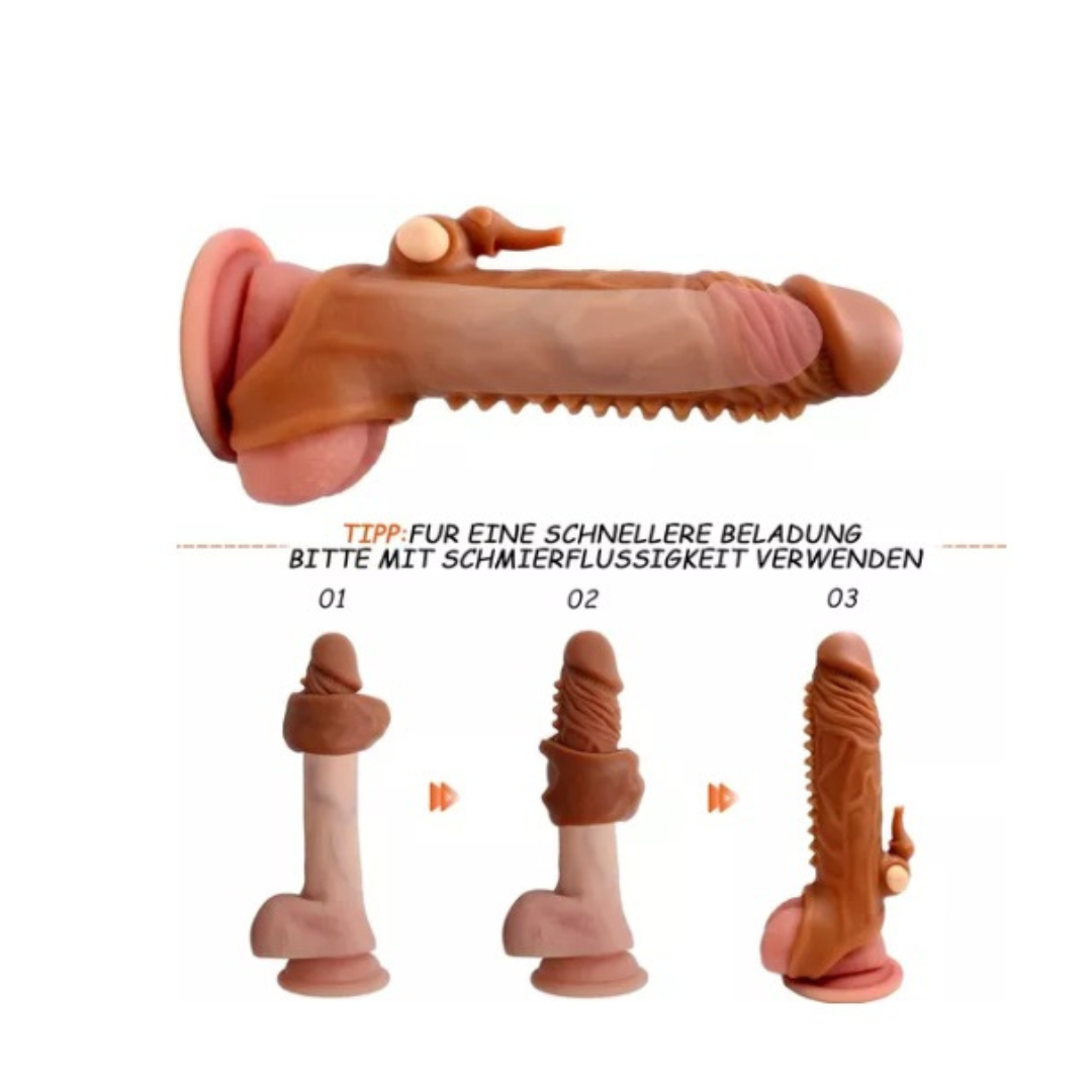 Funda para pene con vibración y estimulador de clítoris 16.5 cm y extensor en la punta