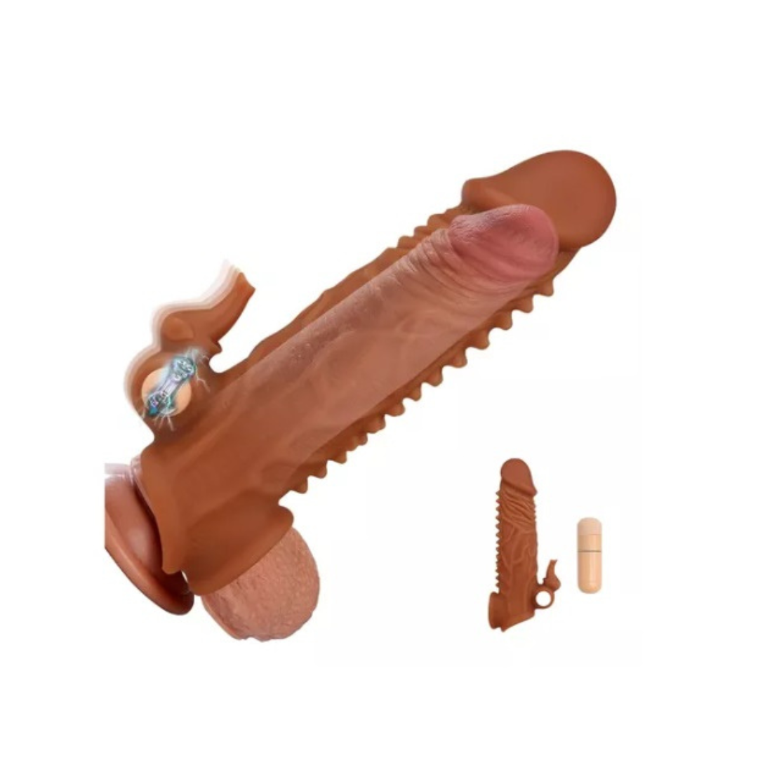 Funda para pene con vibración y estimulador de clítoris 16.5 cm y extensor en la punta