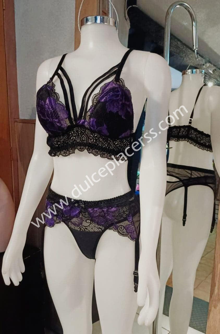 Coordinado bicolor con liguero Triangular y medías lisas Rosa fuerte/Negro