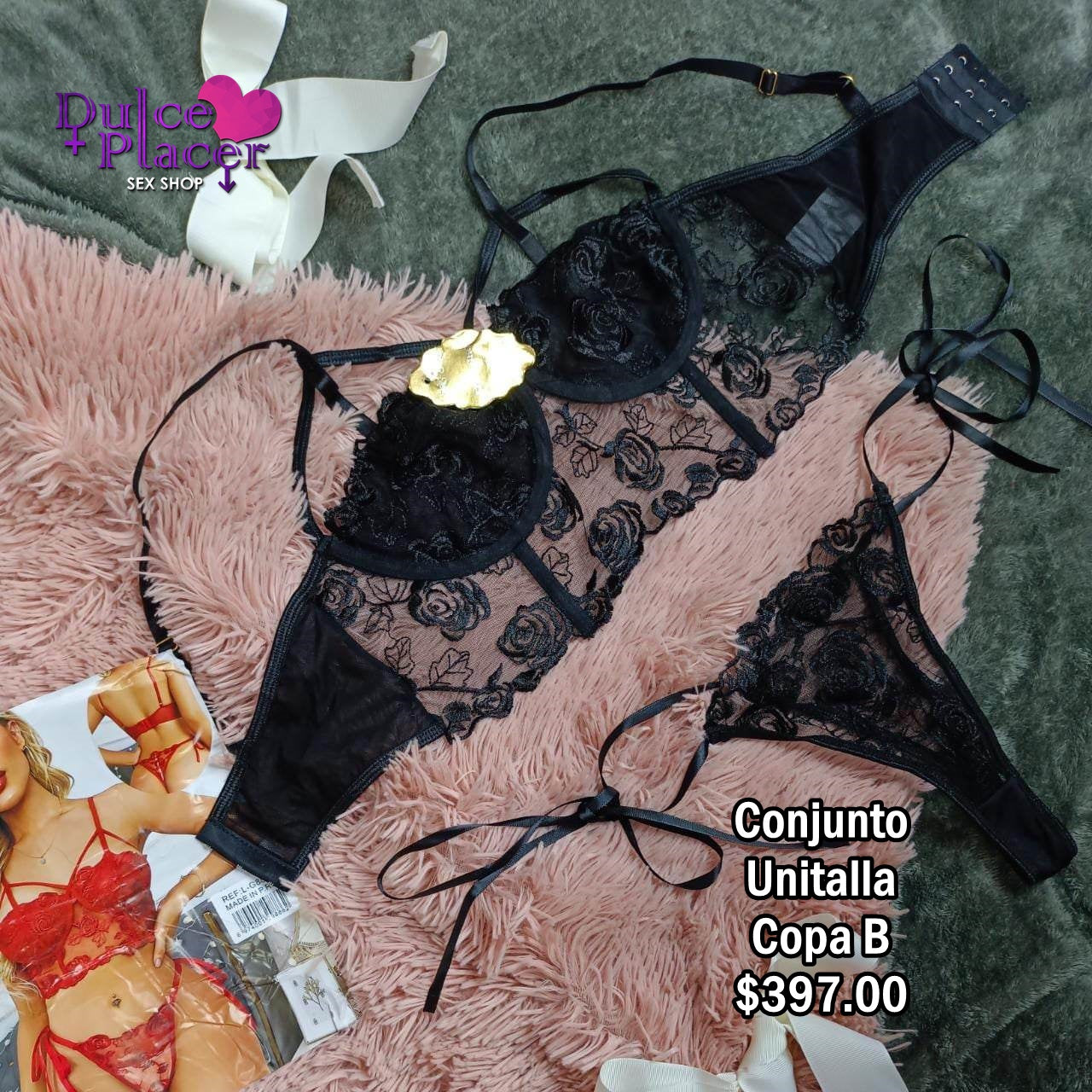 Conjunto encaje fino negro M