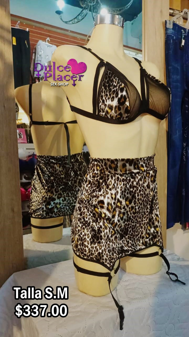 Coordinado leopardo falda liguero S/M
