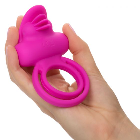 Dual Clit Flicker Anillo vibrador con doble sujetador para pene y testículos. Con estimulador de clítoris efecto lengua parpadeante